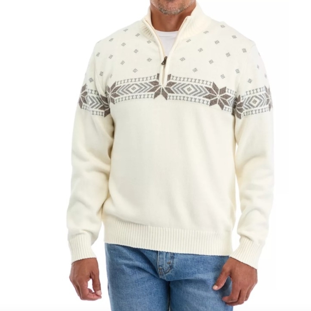 Weatherproof Men's Zip Up Cream and Brown Sweater